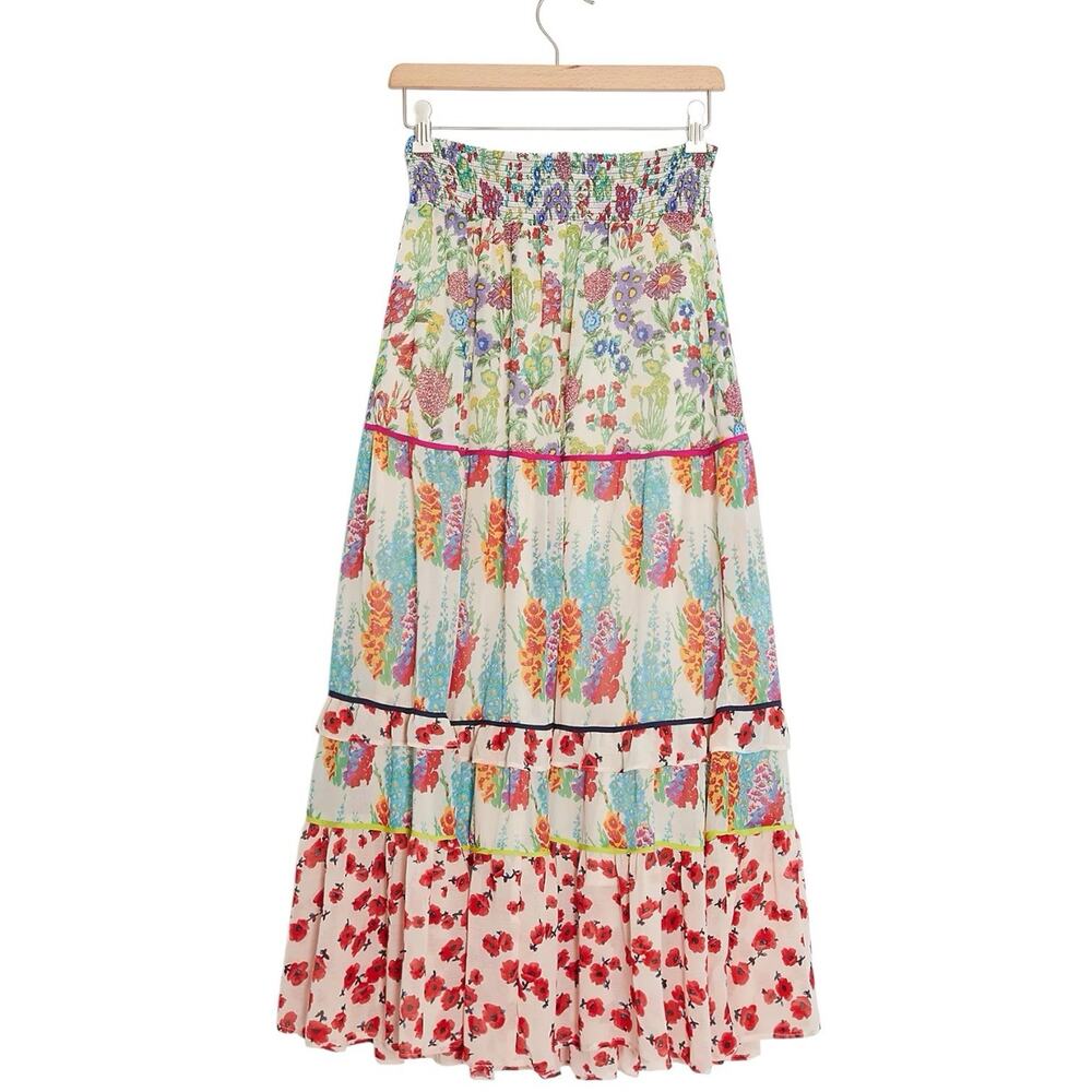 Anthropologie Lorraine Tiered Maxi Skirt Small Petite Floral Poppy Cottage Trad